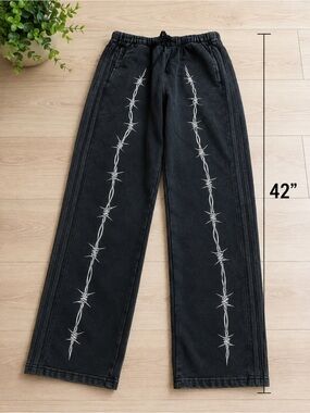Men Black Barbed Wire Graphic Wide-Leg Pants size L